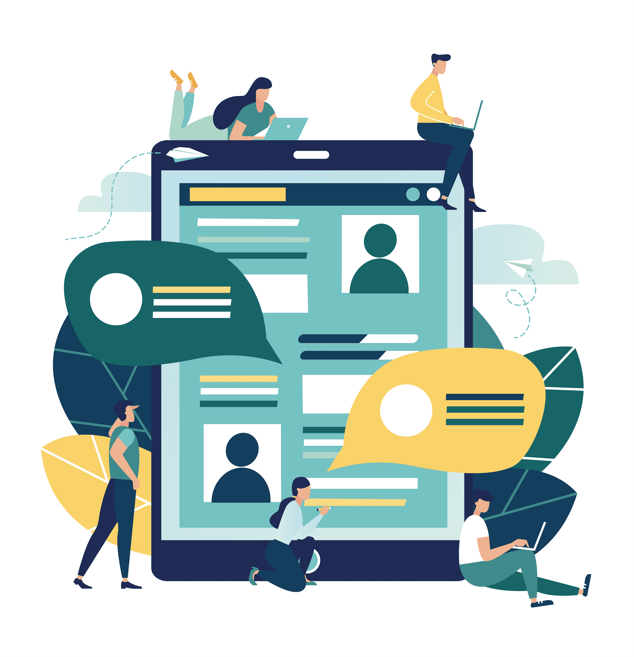 Cinq individus partagent de l’information sur la même page web, affichée sur un iPad géant. Graphisme vectoriel.